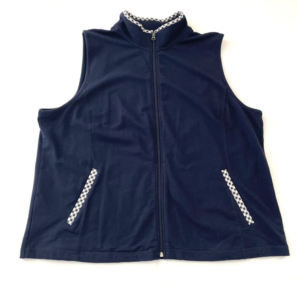Talbots Woman Vest 2X Navy Blue Gingham Trim Full Zip Cotton Stretch Pockets